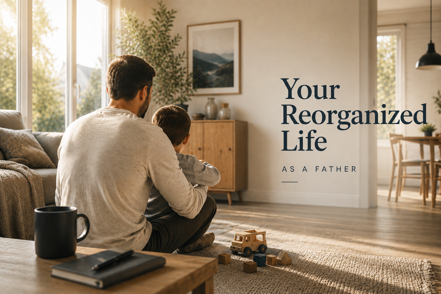 Father sitting with his son in a quiet living room reflecting on family life and responsibility