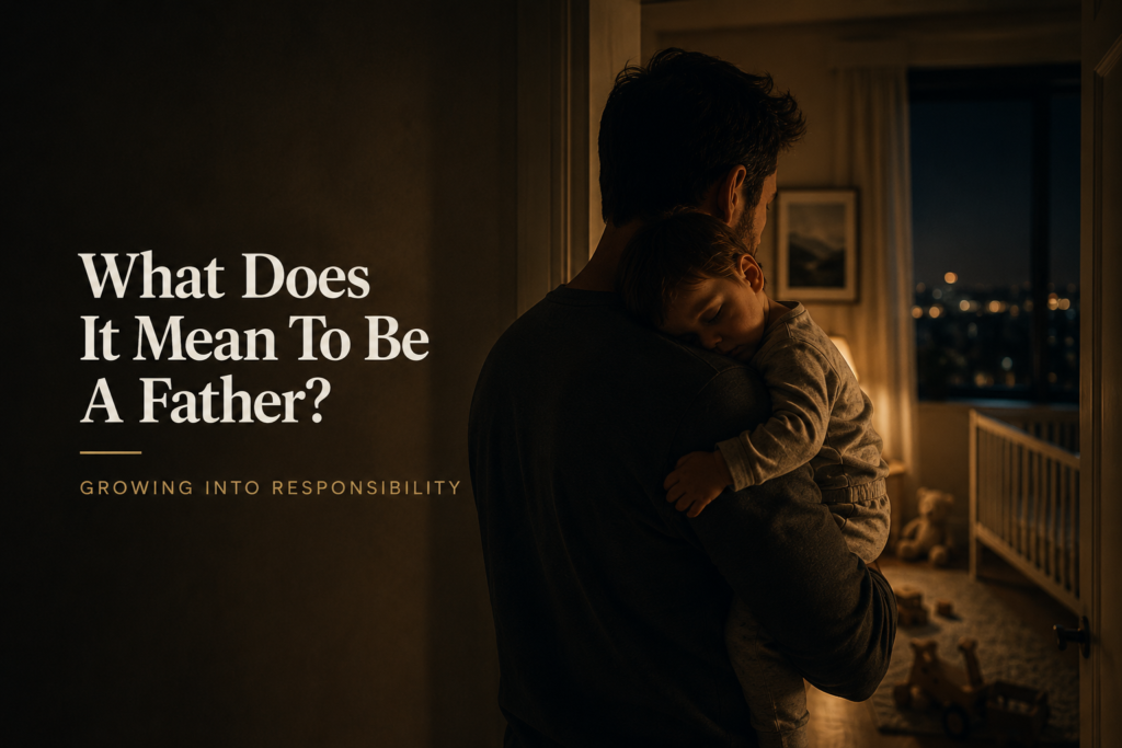 Tired father holding his sleeping baby in a dimly lit room during the night