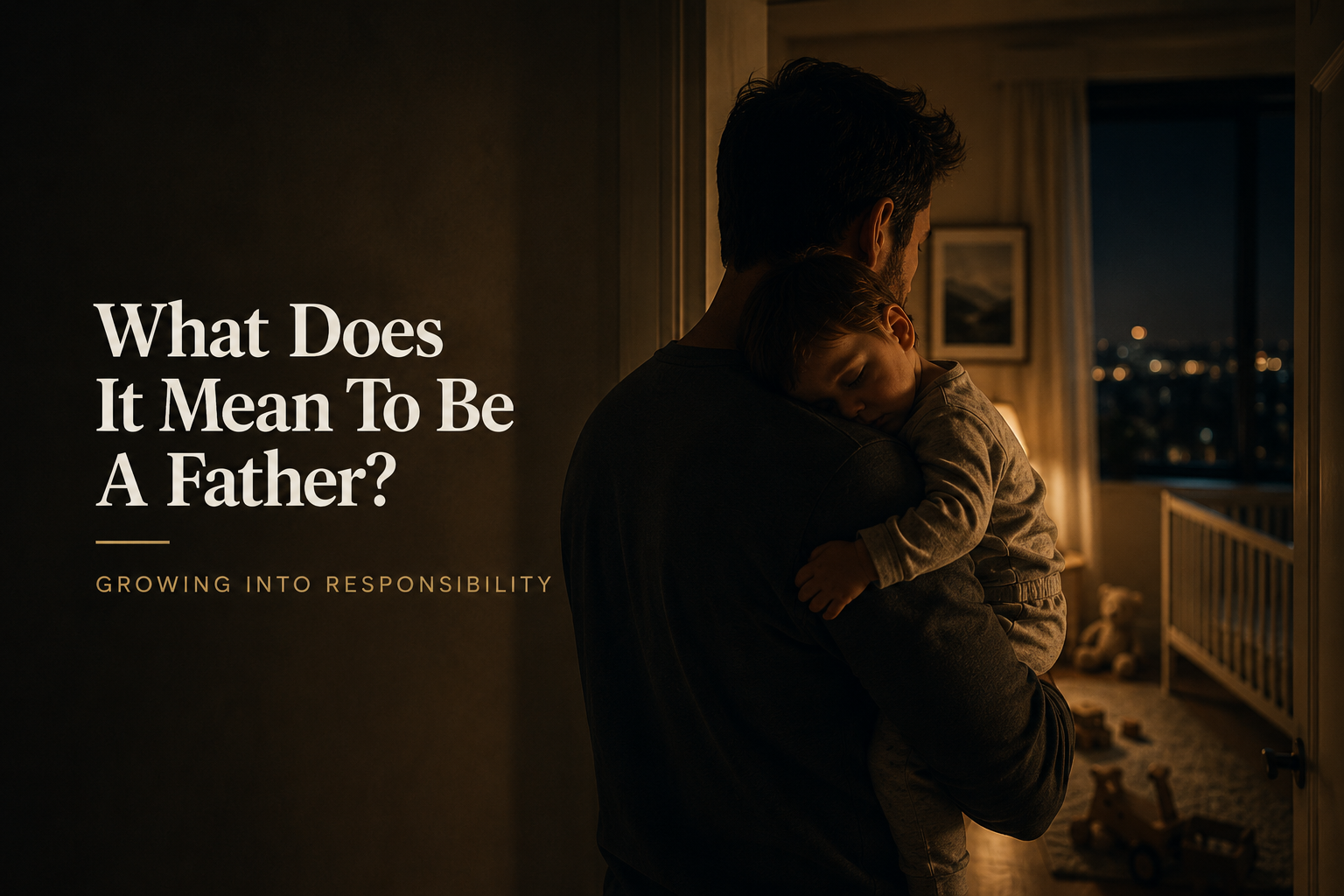 Tired father holding his sleeping baby in a dimly lit room during the night