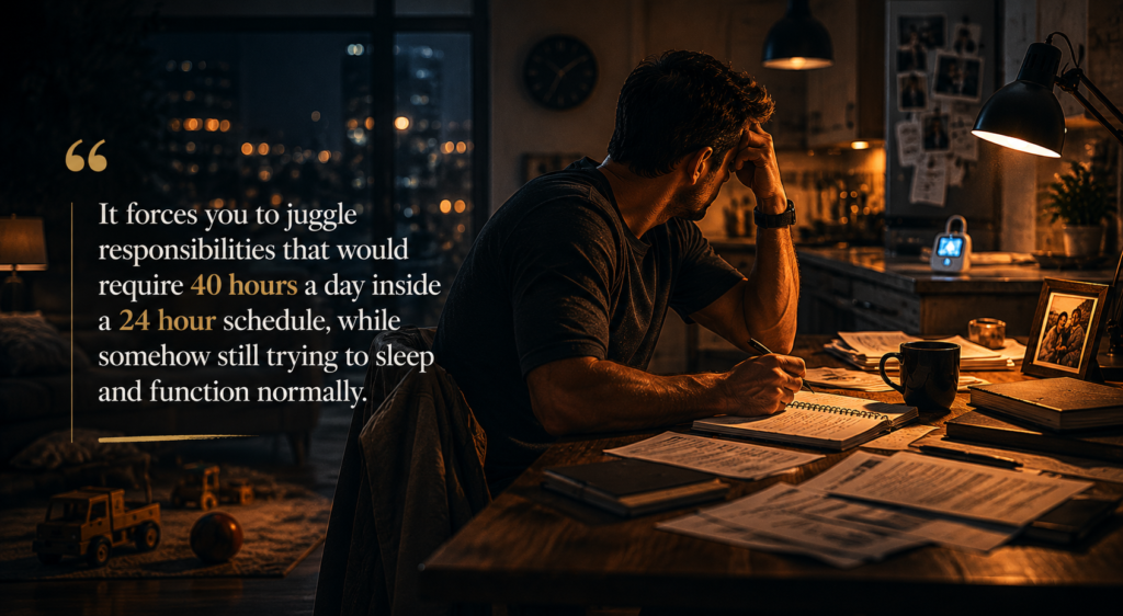 Father working late at night on a laptop while checking a baby monitor in a dimly lit room